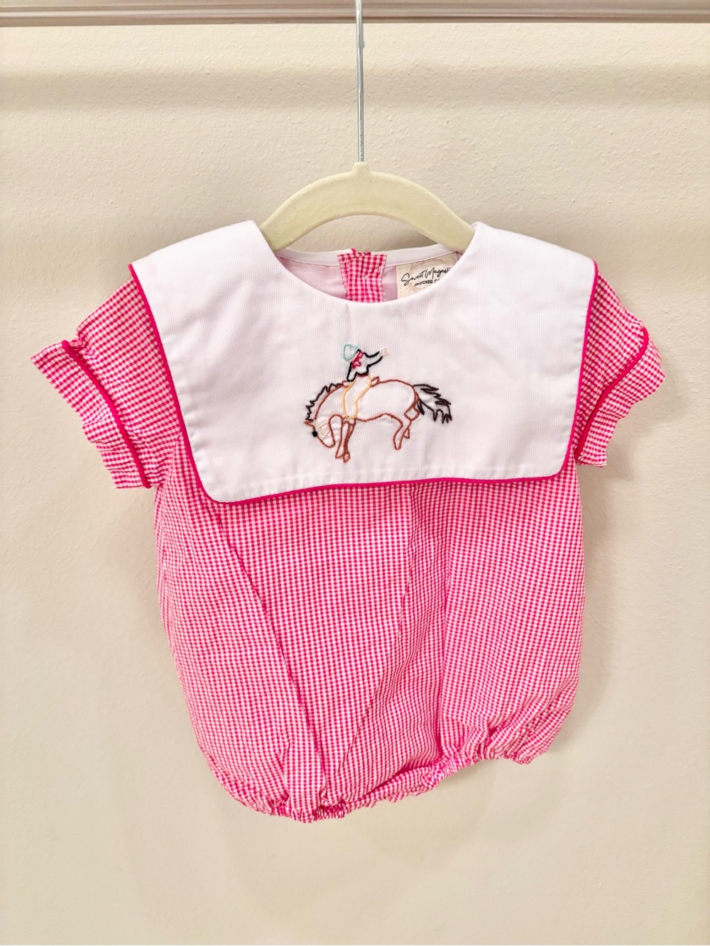 Red Gingham Baby Romper with Embroidered Pony